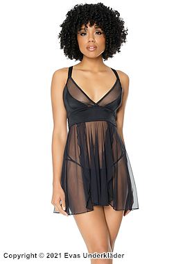 Romantisches Babydoll, Nylon, transparente Einlagen, Schlitz, Band auf der Rückseite